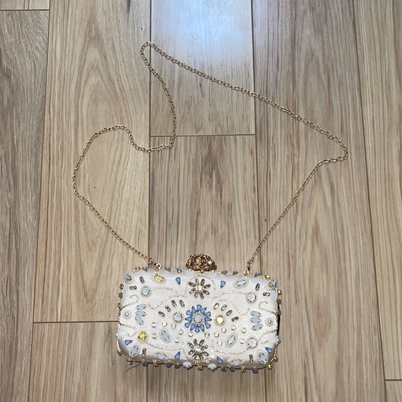 Handbags - Cream Beaded Crossbody with Gold Details